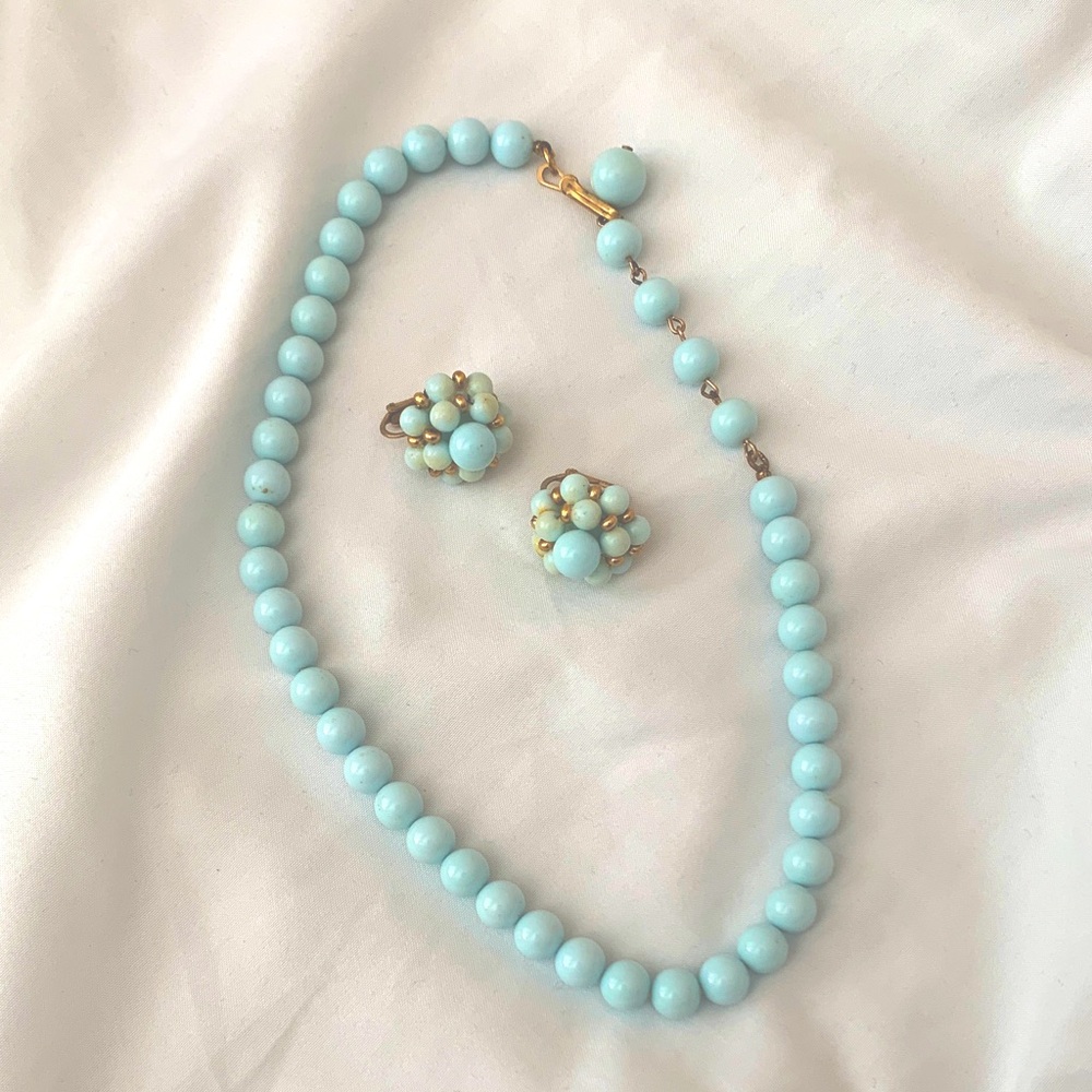 Vintage Women's Light Blue Pearl Beaded Necklace & Cluster Earring Set